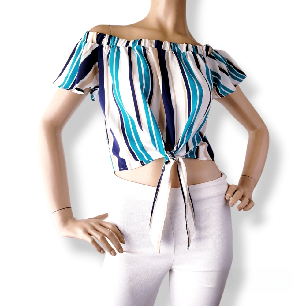 Jella C Striped Off Shoulder Tie Front Crop Top